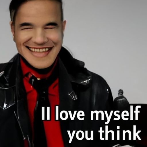 [Description] A photo of a man smiling and wearing a leather jacket and a red tie. The photo has a quote from PERSON: ` [Text] I love myself [newline]  you think