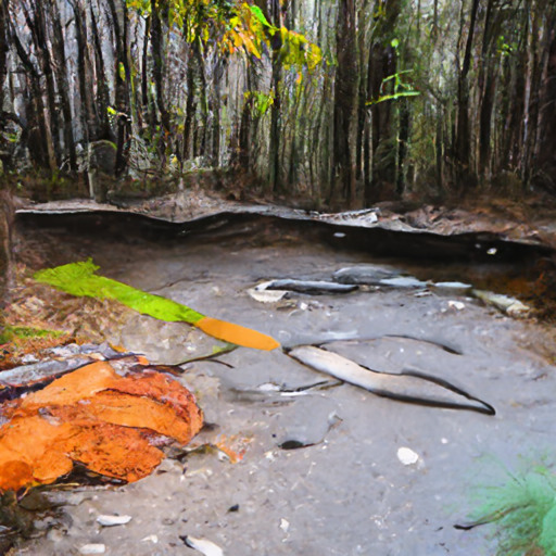 [Description] A wetland stream in the woods with dark leaves and bright orange streamers. The stream has a small pebble bed with a small hole on [Text]