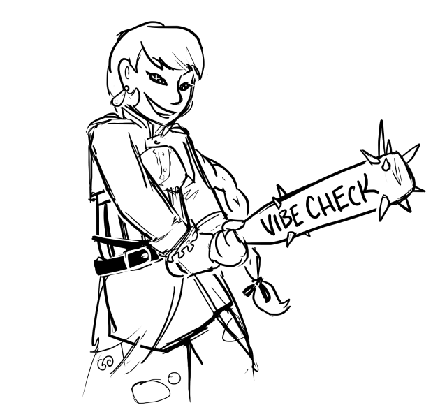 Iolithae Septimian holding a bat labeled "Vibe Check"