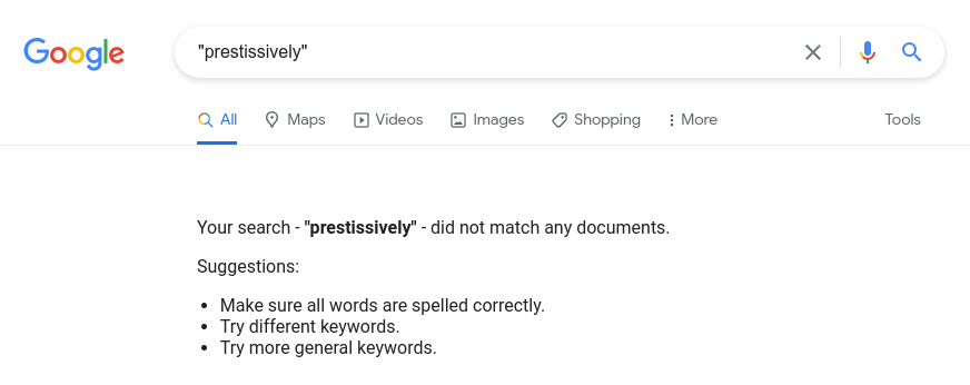 google search for the word "prestissively" - no results