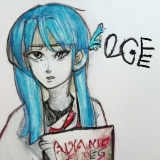 AI generated image.  The AI attempted to produce an image fitting the description:  pencil sketch of a girl with blue hair holding a Christmas gift with text that says End of History.  The AI also tried to include legible text in the image. The text it tried to write was:  AGE
