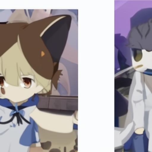 [Description] Two screenshots from the anime show with a cat character on the left and a human character on the right. In the first screenshot, the cat is wearing [Text]
