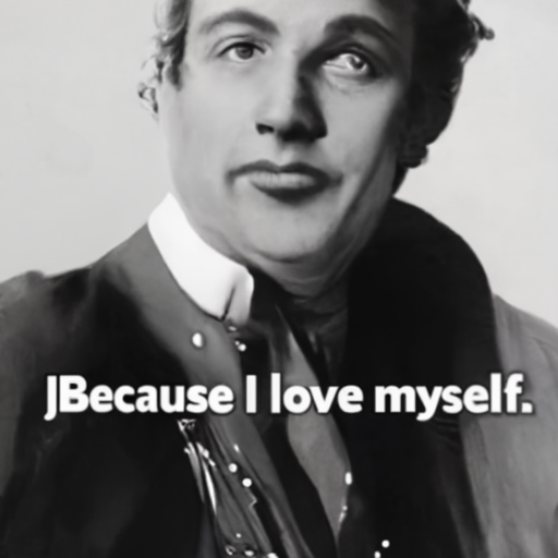 [Description] Portrait of PERSON in a vintage photo. The quote: Because they loved me? And I me. [Text] Because I love myself.