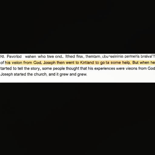 [Description] a black and white photo of a text page, showing a line of text. Above the line is the title ` [Text]of his vision from God. Joseph then went to Kirtland to get some help. But when he [newline] started to tell the story, some people thought that his experiences were visions from God. [newline] Joseph started the church, and it grew and grew.
