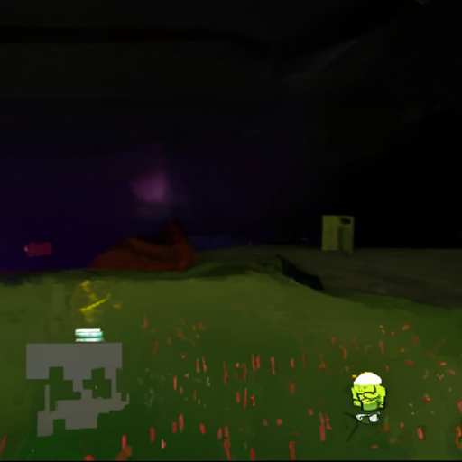 [Description] A screenshot of Minecraft in night mode. The screen is lit by torches and the player is walking along a path lit by lanterns. There are mushrooms [Text]