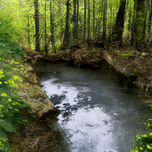 [Description] A creek flowing through the forest. [Text]