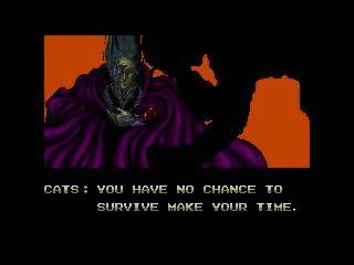 A screenshot from the 1989 video game "Zero Wing." The screen depicts a cyborg man in a purple robe and the words "CATS: YOU HAVE NO CHANCE TO SURVIVE MAKE YOUR TIME." 