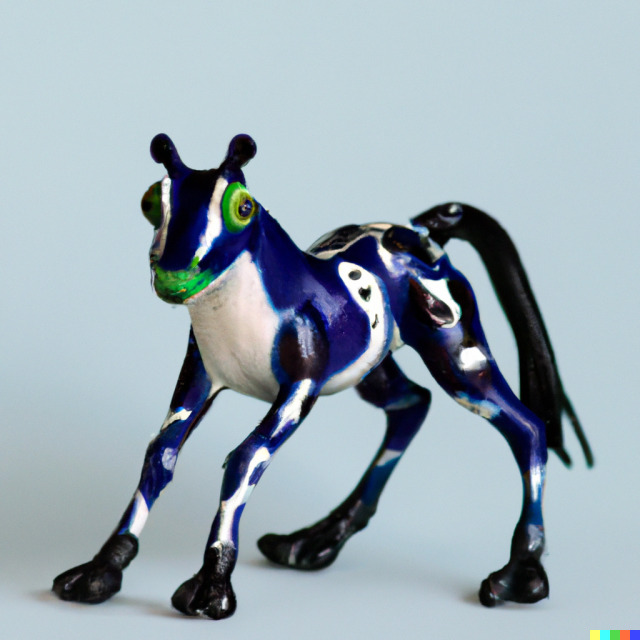 A vivid blue and white and black horse toy with a short neck and a froggy face. It also has two adorable peg-ended horns instead of ears.