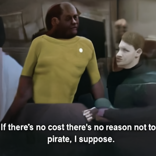 [Description] A screenshot of a scene from Star Trek TOS ` [Text] If there's no cost there's no reason not to [newline]  pirate, I suppose.