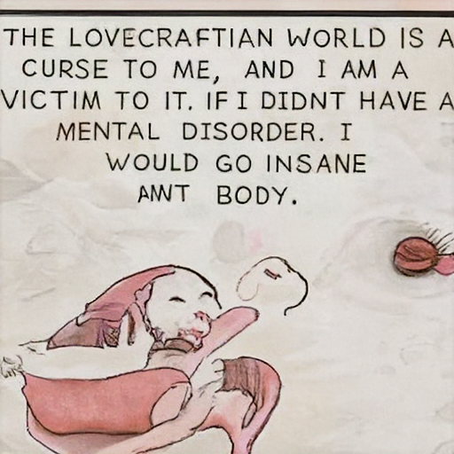  THE LOVECRAFTIAN WORLD IS A
 CURSE TO ME, AND I AM A
 VICTIM TO IT. IF I DIDNT HAVE A
 MENTAL DISORDER. I
 WOULD GO INSANE
 AND SHIT IN MY
 BODY.