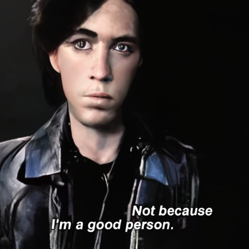 [Description] A black and white head and shoulders portrait of PERSON wearing a leather jacket and a blue shirt. On the background is a black and white [Text] Not because [newline]  I'm a good person.