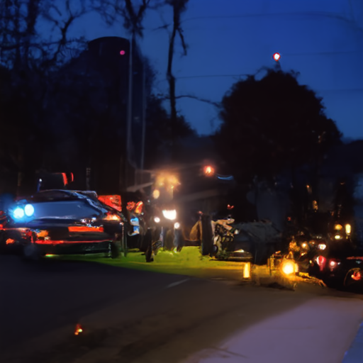 [Description] nighttime shot of street with car in the foreground and trees on either side. [Text]