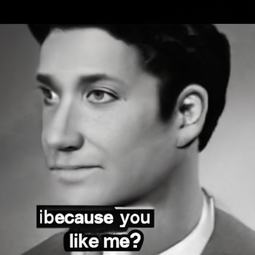 [Description] a black and white headshot of PERSON. [Text] because you [newline]  like me?