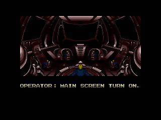 A screenshot from the 1989 video game "Zero Wing." The screen depicts the bridge of a spaceship and the words "OPERATOR: MAIN SCREEN TURN ON" 