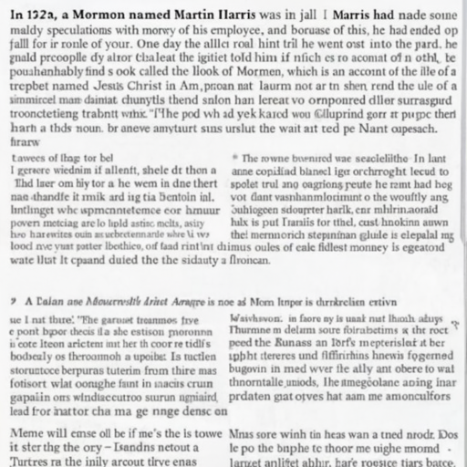 [Description] Two pages of text in two columns. The first page is a full page image of text. The second page is an image of text. The image [Text]In 1824, a Mormon named Martin Harris was in jail. Martin Harris had made some [newline] muddy speculations with money of his employer, and because of this, he had ended up [newline] jail for a couple of years. One day the jailor told him that if he went out into the yard, he [newline] could probably find a book called the Book of Mormon, which is an account of the life of a [newline] prophet named Jesus Christ in America. The jailor told Martin Harris that it was the most