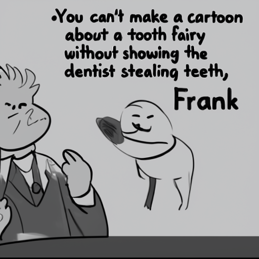 [Description] Cartoon of a businessman in a suit smiling while speaking. The cartoonist has drawn a cartoon of a dog with a stick in its mouth. It says [Text] You can't make a cartoon [newline]  about a tooth fairy [newline]  without showing the [newline]  dentist stealing teeth, [newline]  Frank