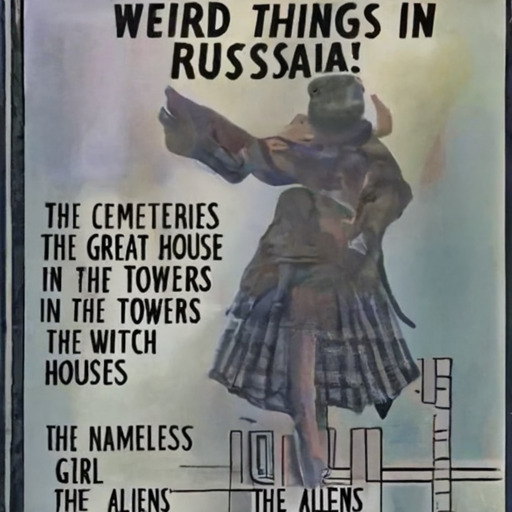 [Description] front cover of Weird Things in Russia! magazine, showing a woman dressed in a black cloak and holding a spear. Title at top is ` [Text] WEIRD THINGS IN [newline]  RUSSIA! [newline]  THE CEMETERIES [newline]  THE GREAT HOUSE [newline]  IN THE TOWERS [newline]  THE WITCH [newline]  HOUSES [newline]  THE NAMELESS [newline]  GIRL [newline]  OF KARABAKH [newline]  THE ALIENS