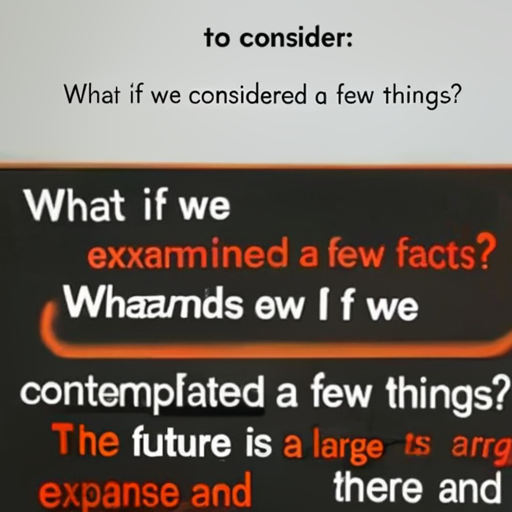 [Description] a text document, highlighted in orange, that has a title and several lines of text. It's divided into two columns, with the left side containing [Text] to consider: [newline]  What if we considered a few things? [newline]  What if we [newline]  examined a few facts? [newline]  What if we [newline]  contemplated a few things? [newline]  The future is a large [newline]  expanse and [newline]  there