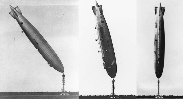 3 images of the airship USS Los Angeles being blown by a gust of wind into a completely vertical position 