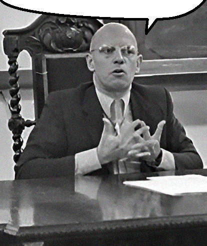 ID: photo of Michel Foucalt sitting at a seat mid-speaking, half a text bubble is edited in above him /end ID