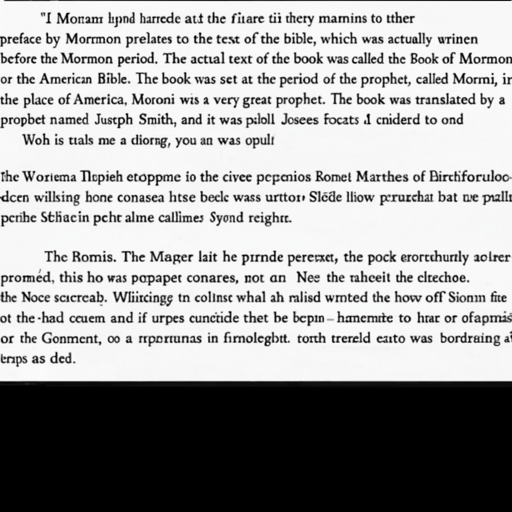 [Description] Book of Mormon text. Text: The text begins with a preface by PERSON, then follows with the introduction to the text of the Bible [Text]preface by Mormon prelates to the text of the bible, which was actually written [newline] before the Mormon period. The actual text of the book was called the Book of Mormon [newline] or the American Bible. The book was set at the period of the prophet, called Moroni, in [newline] the place of America. Moroni was a very great prophet. The book was translated by a [newline] prophet named Joseph Smith, and it was published in 1830.