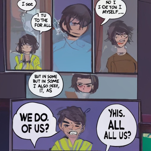 [Description] Comic strip with a boy, an alien, and a woman in the foreground. In the background is a city. The alien is in a spaceship, [Text] I see [newline]  NO I [newline]  you, [newline]  MYSELF... [newline]  TO THE [newline]  BUT IN SOME [newline]  FOR ALL [newline]  KIND OF WAY, [newline]  I ALSO SEE [newline]  IT, AS [newline]  YHIS. [newline]  WE DO. [newline]  ALL [newline]  OF US? [newline]  ALL OF US