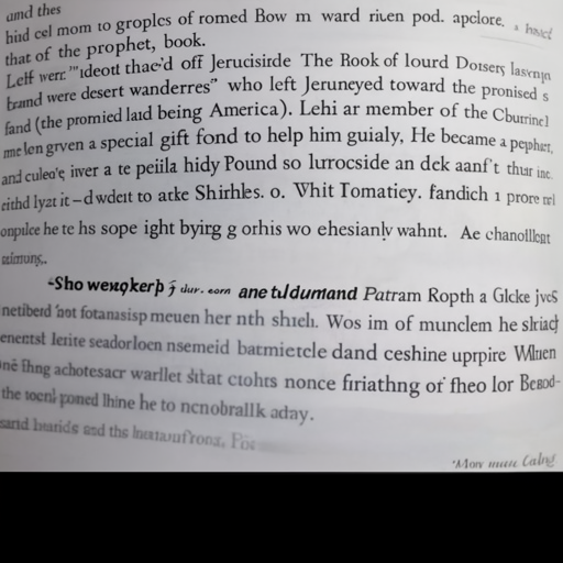 [Description] a text page with text on it. Title: PERSON the Prophet, Book of Mormon, Book of Mormon, PERSON, Book [Text]that of the prophet, book. [newline] The Book of [newline] Lehi and his [newline] band were "desert wanderers" who left Jerusalem and journeyed toward the promised [newline] land (the promised land being America). Lehi was a member of the Church of Israel [newline] and was given a special gift from God to help him guide his family. He became a prophet [newline] and