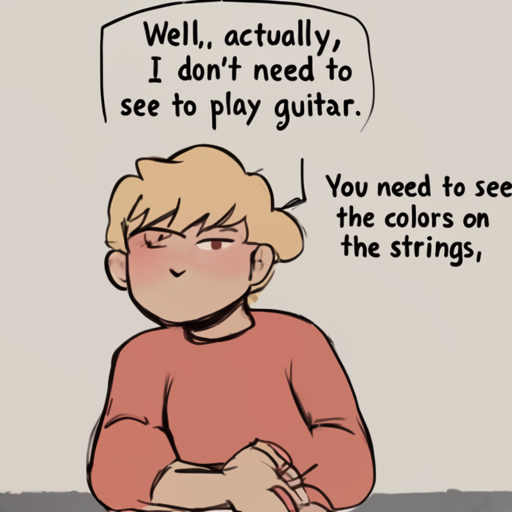 [Description] a cartoon of a boy sitting on the floor and thinking. [Text] Well, actually, [newline]  I don't need to [newline]  see to play guitar. [newline]  You need to see [newline]  the colors on [newline]  the strings,
