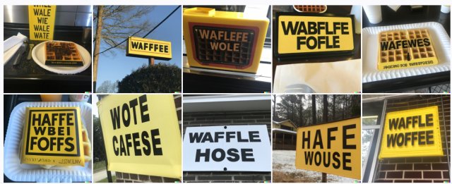 AI-generated signs on buildings or on food. They're all black and yellow with all-caps letters reading variations on "Wabflfe Fofle" and "Hafe Wouse" and "Waffle Woffee"
