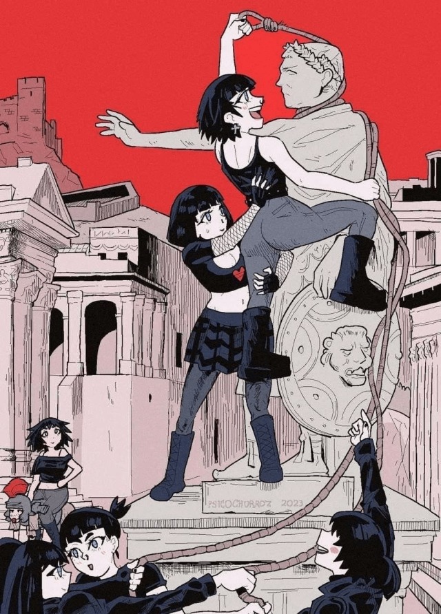 Art of a gaggle of goth girls tying ropes around a statue of a Roman emperor, in preparation for pulling it down.
