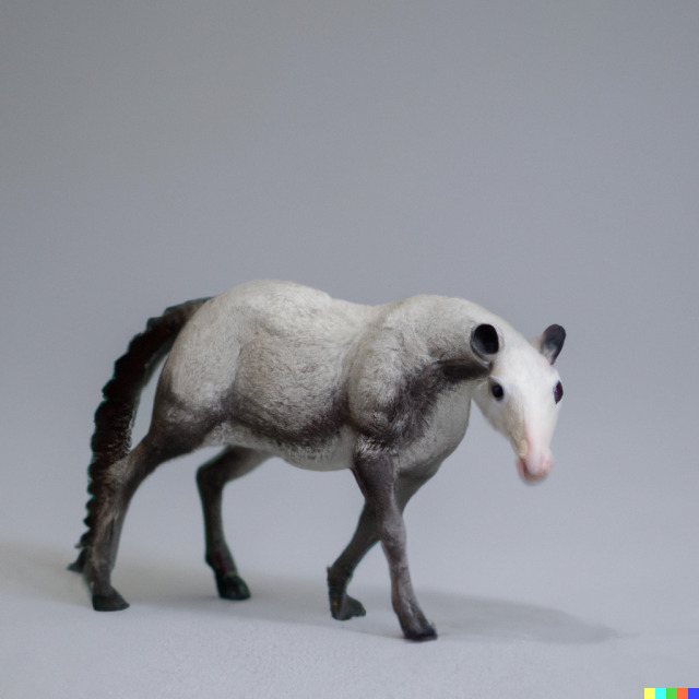 A horse toy with opossum face and ears, and opossum coloration. Its tail is long and bony