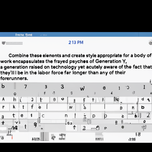 AI generated image.

The AI attempted to produce an image fitting the description:

screenshot of the text editor with the Violent and Impenetrable Endings style applied.

The AI also tried to include legible text in the image. The text it tried to write was:

2:13 PM
Combine these elements and create a style appropriate for a body of
work
that encapsulates the frayed psyches of Generation Y,
a generation raised on technology yet acutely aware of the fact that
they'll be in the labor force far longer than any of their
forerunners.
1
2
3
7
8
9
5
6
&
q
W
e
r
u
d
h
g
f
a
t
S
V
b
%
a
!
#
$
&
+
?
123