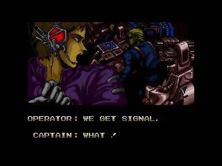 A screenshot from the 1989 video game "Zero Wing." The screen depicts the bridge of a spaceship and the words "OPERATOR: WE GET SIGNAL CAPTAIN: WHAT !" 