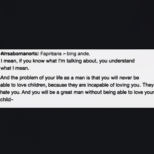 [Description] screenshot of text on Tumblr. [Text]I mean, if you know what I'm talking about, you understand [newline] what I mean. [newline] And the problem of your life as a man is that you will never be [newline] able to love children, because they are incapable of loving you. They [newline] hate you. And you will be a great man without being able to love your [newline] child-