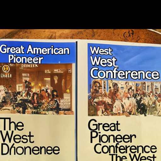 [Description] Two pages from the Mormon Period book cover. On the left is a picture of the Great American West Conference, a conference organized by LDS Church leaders. [Text]The [newline] Great [newline] Great American [newline] West [newline] West [newline] Pioneer [newline] PIONEER [newline] The [newline] The [newline] Conference [newline] Great [newline] Great [newline] West [newline] West [newline] Pioneer [newline] Pioneee [newline] Conference [newline] The West