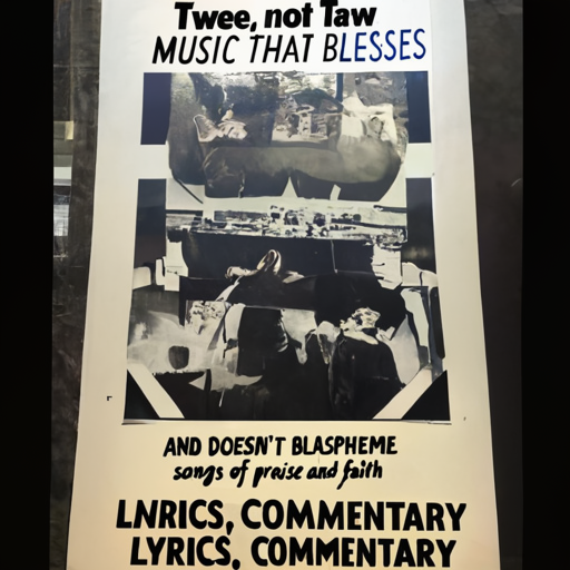 AI generated image.

The AI attempted to produce an image fitting the description:

a poster advertising a musical event at the local library .

The AI also tried to include legible text in the image. The text it tried to write was:

Twee, not Taw
MUSIC THAT BLESSES
AND DOESN'T BLASPHEME
songs of praise and faith
LYRICS, COMMENTARY