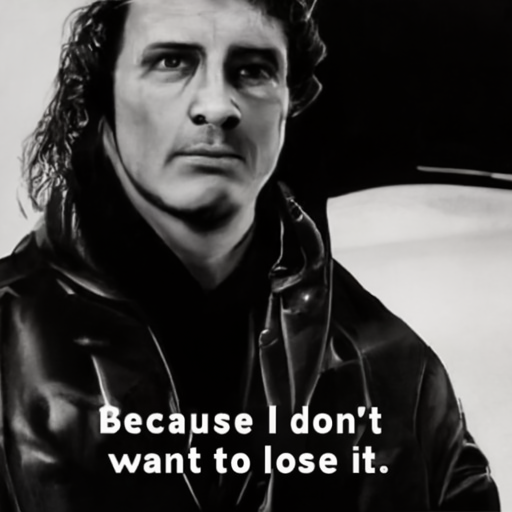 [Description] A black and white, grainy, portrait of PERSON from the movie The Thing. He is wearing a leather jacket, and his face [Text] Because I don't [newline]  want to lose it.