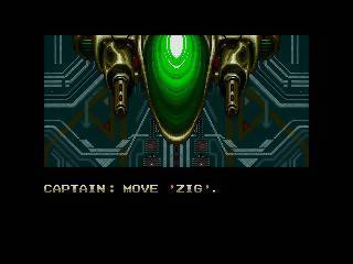 A screenshot from the 1989 video game "Zero Wing." The screen depictsa space fighter and the words "CAPTAIN: MOVE 'ZIG' ." 
