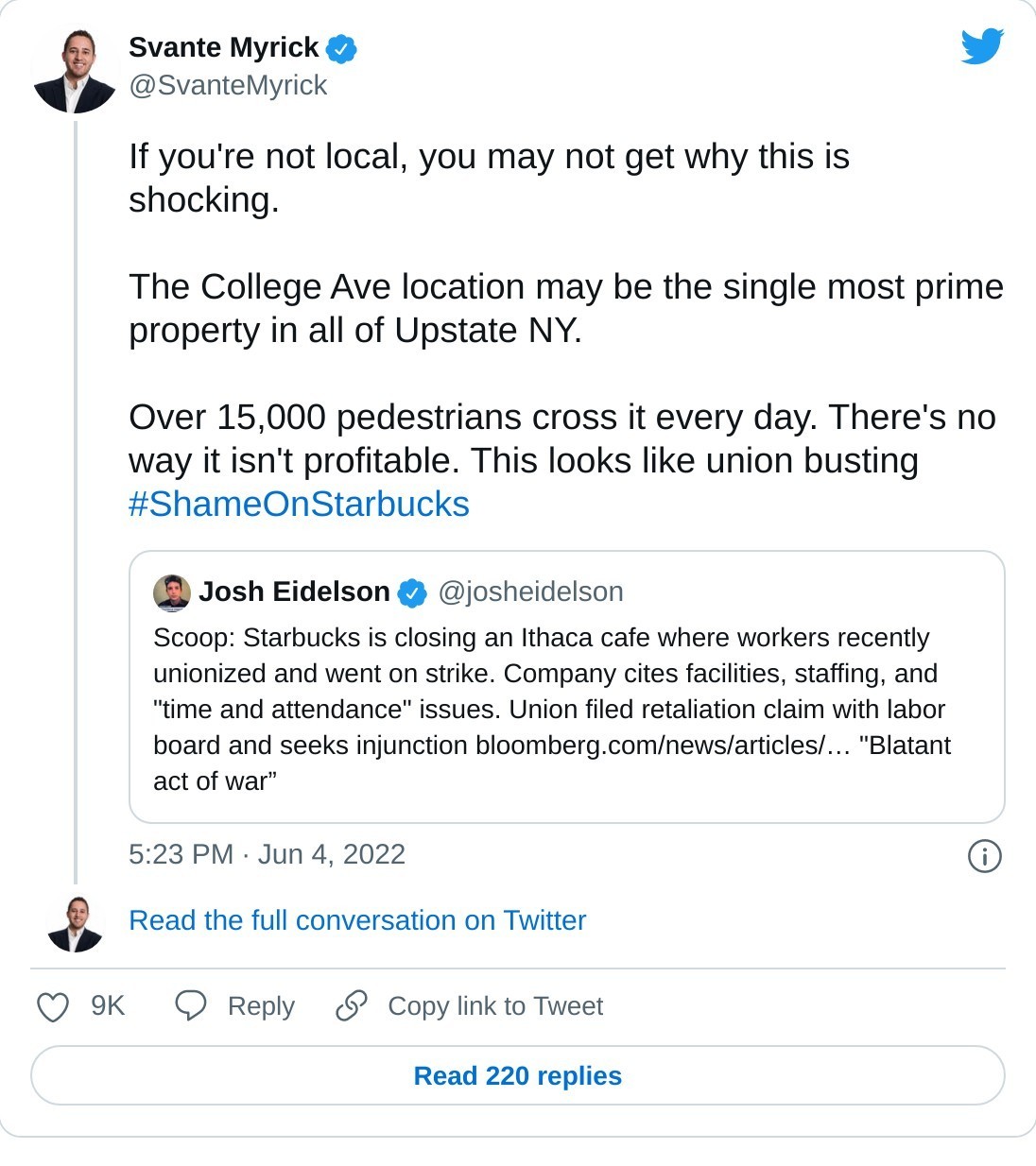 If you're not local, you may not get why this is shocking. 

The College Ave location may be the single most prime property in all of Upstate NY. 

Over 15,000 pedestrians cross it every day. There's no way it isn't profitable. This looks like union busting #ShameOnStarbucks https://t.co/5OvQJEd9Or

— Svante Myrick (@SvanteMyrick) June 4, 2022