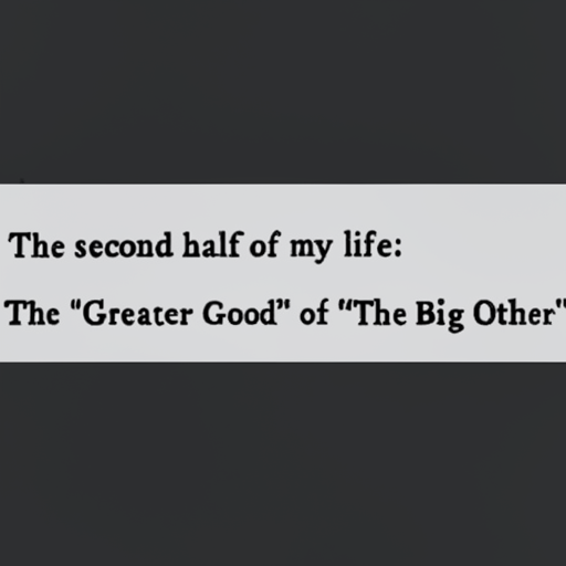 [Description] A text quote in a black and white font with white text on a black background. [Text] The second half of my life: [newline]  The "Greater Good" of "The Big Other"