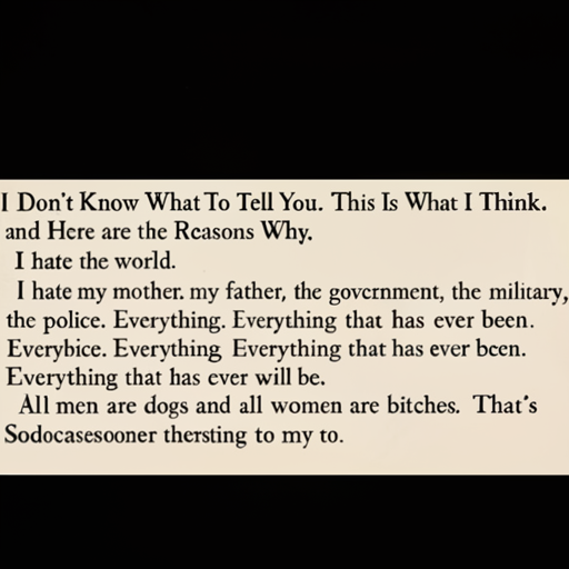 [Description] text on a black screen that says 'I don't know what to tell you, this is what I think, and here are the reasons why: [Text] I Don't Know What To Tell You. This Is What I Think. [newline]  and Here are the Reasons Why. [newline]  I hate the world. [newline]  I hate my mother, my father, the government, the military, [newline]  the police. Everything. Everything that has ever been. [newline]  Everything that has ever will be. [newline]  All men are dogs and all women are bitches. That's [newline]  my two