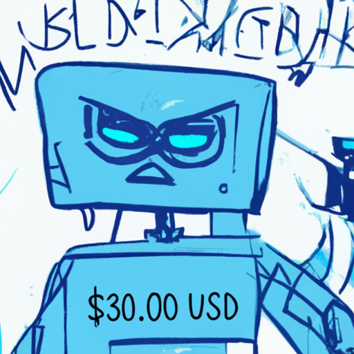 [Description] A blue line drawing of a robot with an angry expression and text that says ` [Text]$30.00 USD