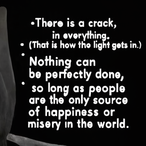 [Description] a quote by PERSON in large font, a quote by PERSON in smaller font. [Text] There is a crack [newline]  in everything. [newline] (That is how the light gets in.) [newline]  Nothing can [newline]  be perfectly done, [newline]  so long as people [newline]  are the only source [newline]  of happiness or [newline]  misery in the world.