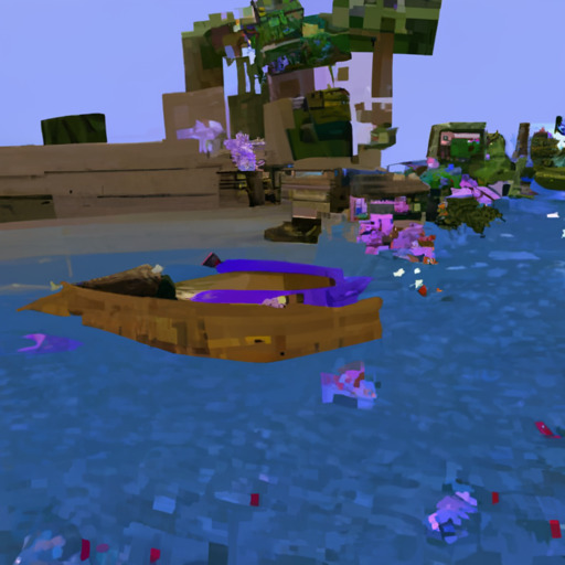 [Description] Minecraft screenshot of a boat in a watery mine with purple flowers and purple mushrooms. [Text]