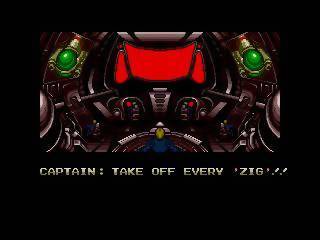 A screenshot from the 1989 video game "Zero Wing." The screen depicts the bridge of a spaceship and the words "TAKE OFF EVERY 'ZIG' ! !" 
