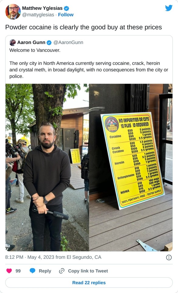 Powder cocaine is clearly the good buy at these prices https://t.co/lx58IV0H69

— Matthew Yglesias (@mattyglesias) May 4, 2023