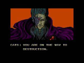 A screenshot from the 1989 video game "Zero Wing." The screen depicts a cyborg man in a purple robe and the words "CATS: YOU ARE ON THE WAY TO DESTRUCTION." 