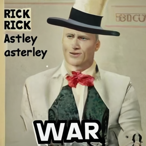 AI generated image.

The AI attempted to produce an image fitting the description:

Rick Astley first world war poster with a bow tie and top hat.

The AI also tried to include legible text in the image. The text it tried to write was:

RICK
Astley
asterley
WAR