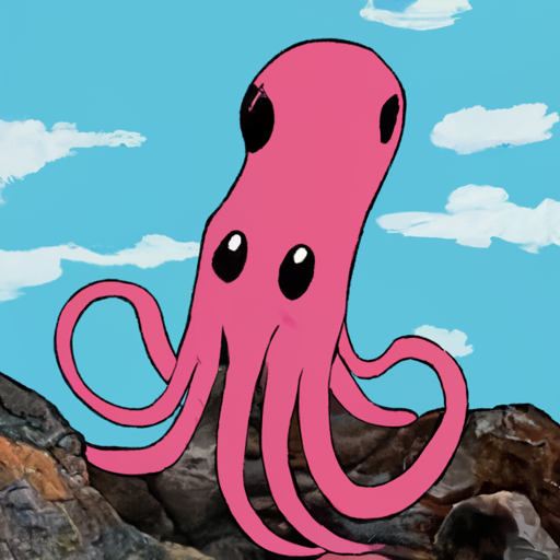 [Description] An octopus on a rock, with the octopus' mouth open and tentacles outstretched. The octopus is pink. [Text]