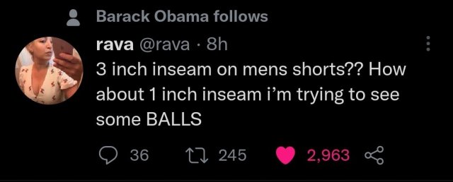 tweet from twitter user @rava that says "3 inch inseam on mens shorts?? How about 1 inch inseam i’m trying to see some BALLS" with text above the tweet saying that barrack obama follows the twitter user 